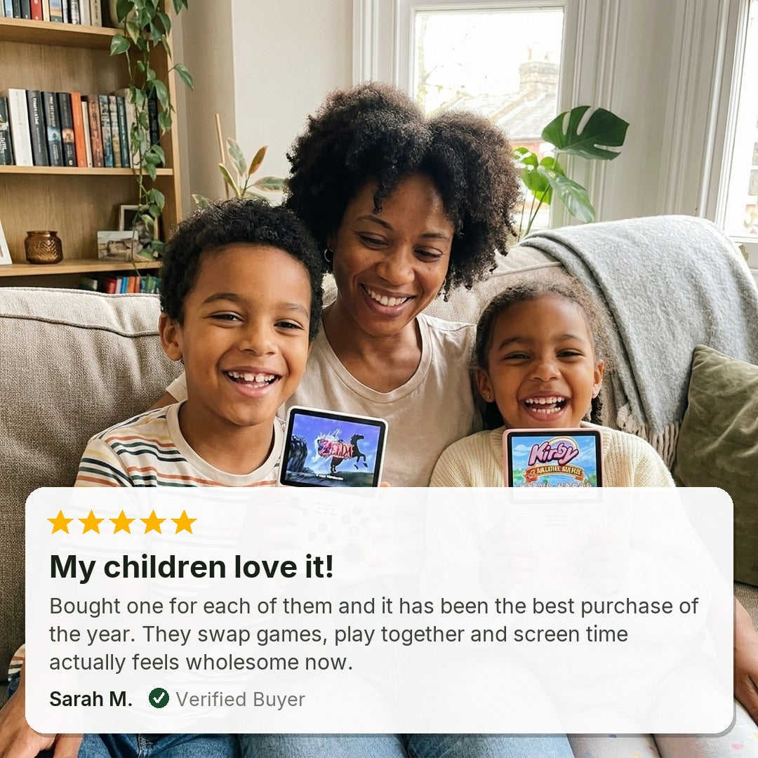 Mum with her two kids playing POCK ONE consoles, five star review: my children love it