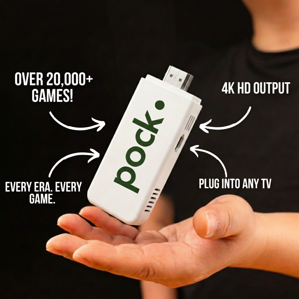 POCK STICK features: over 20,000 games, 4K HD output, plug into any TV