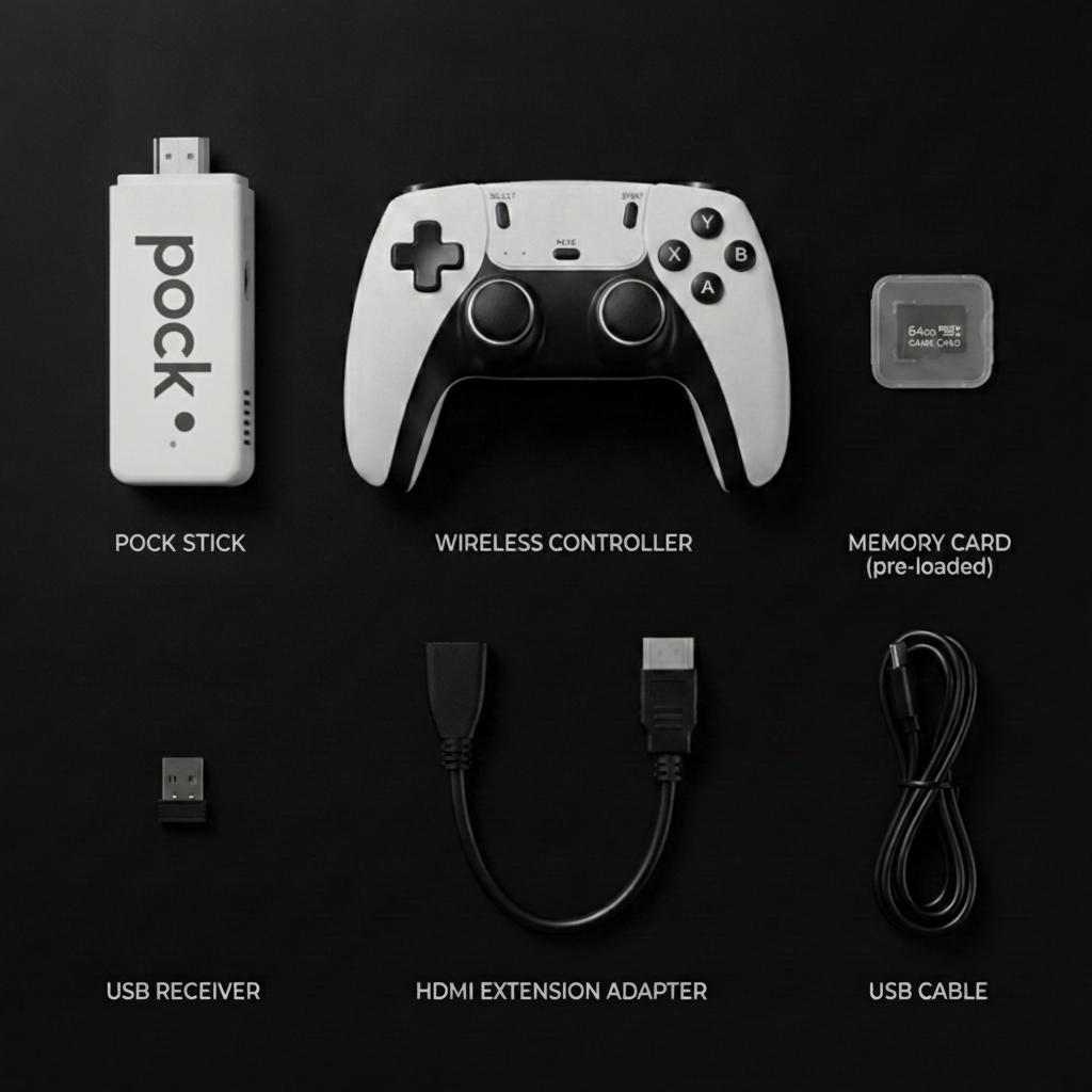POCK STICK whats included: controller, memory card, USB receiver, HDMI adapter