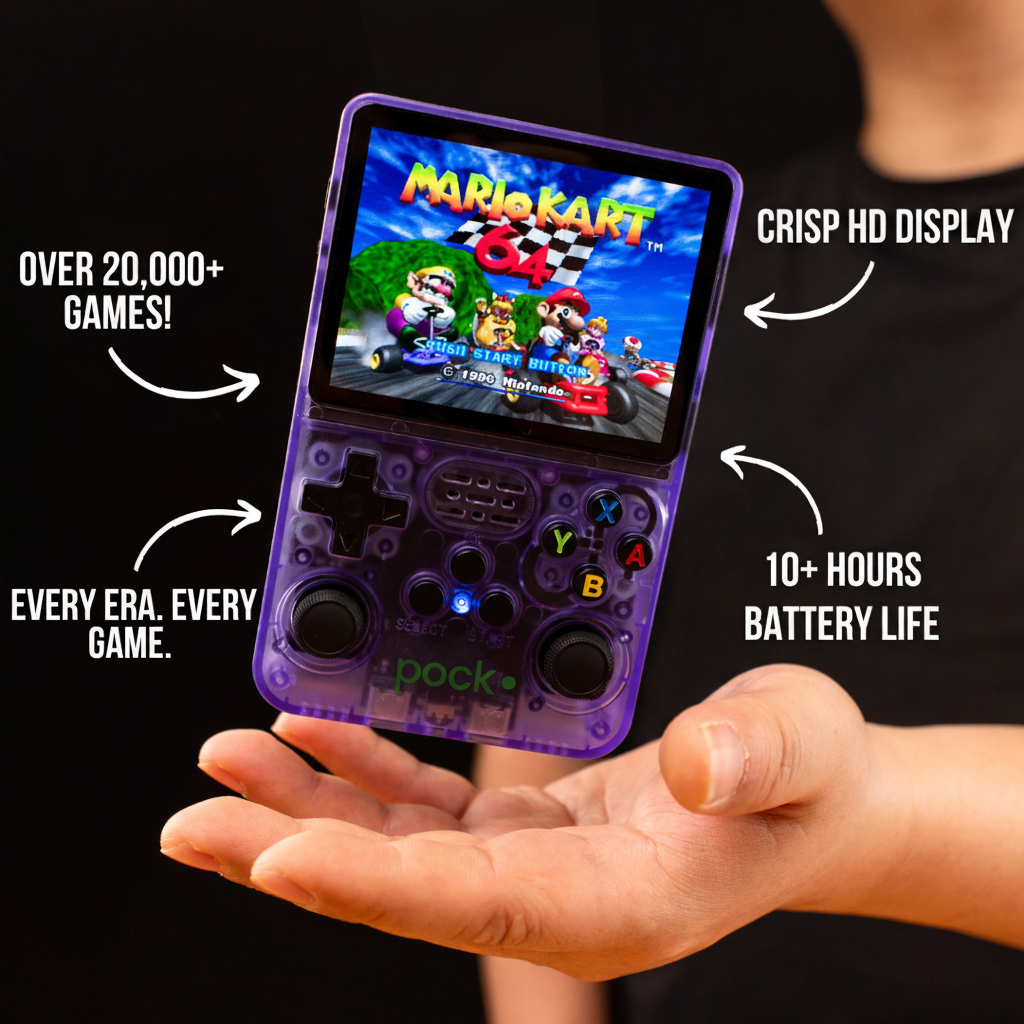 POCK ONE features: over 20,000 games, crisp HD display, 10+ hours battery