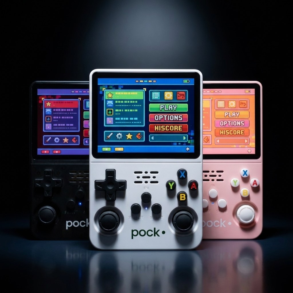 POCK ONE consoles in black, white and pink